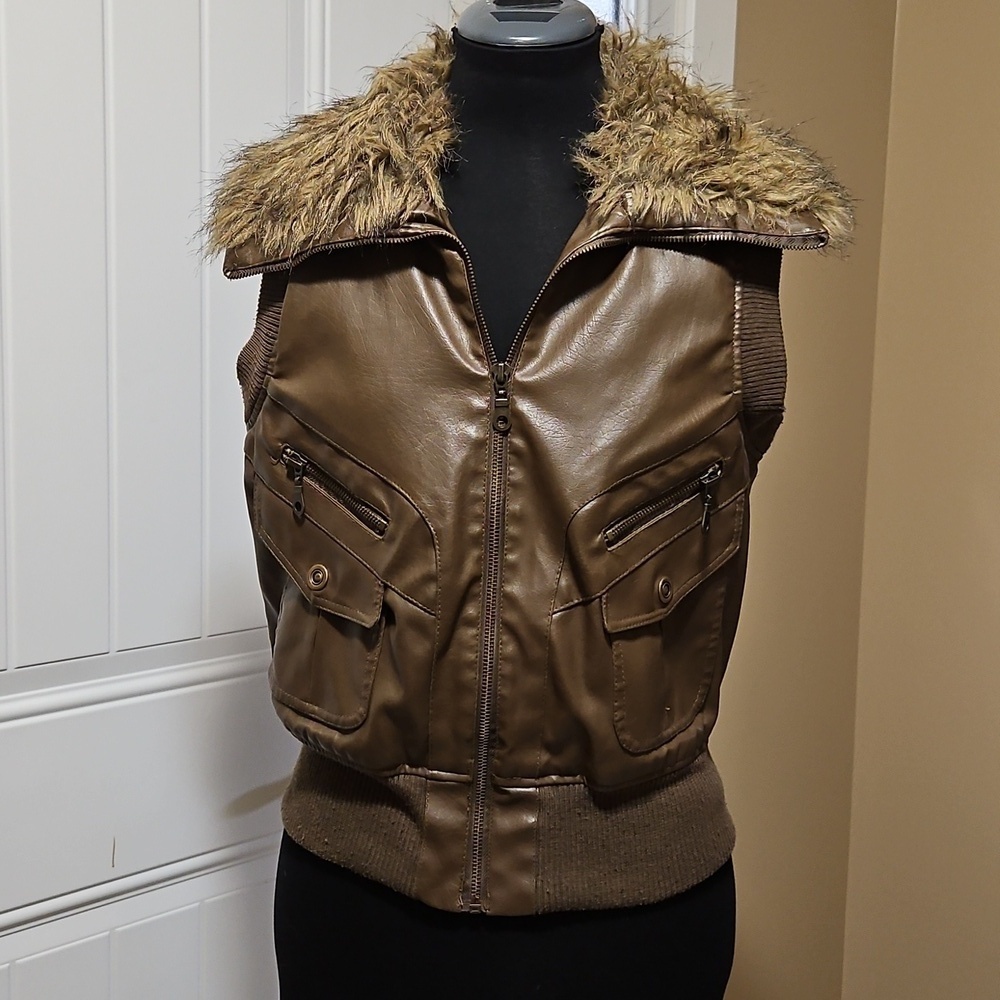 River Island Brown Vegan Leather Faux Fur Moto Utility Vest Med